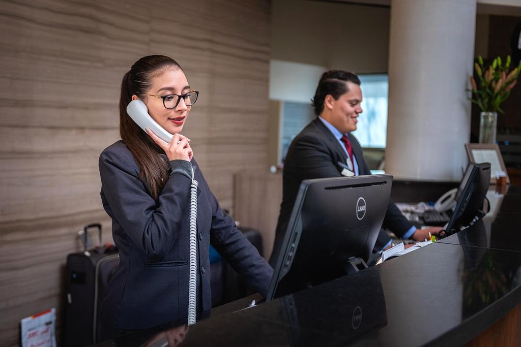 Customer service representative talking on headset